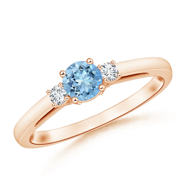 5mm AAAA Round Aquamarine & Diamond Three Stone Engagement Ring in Rose Gold