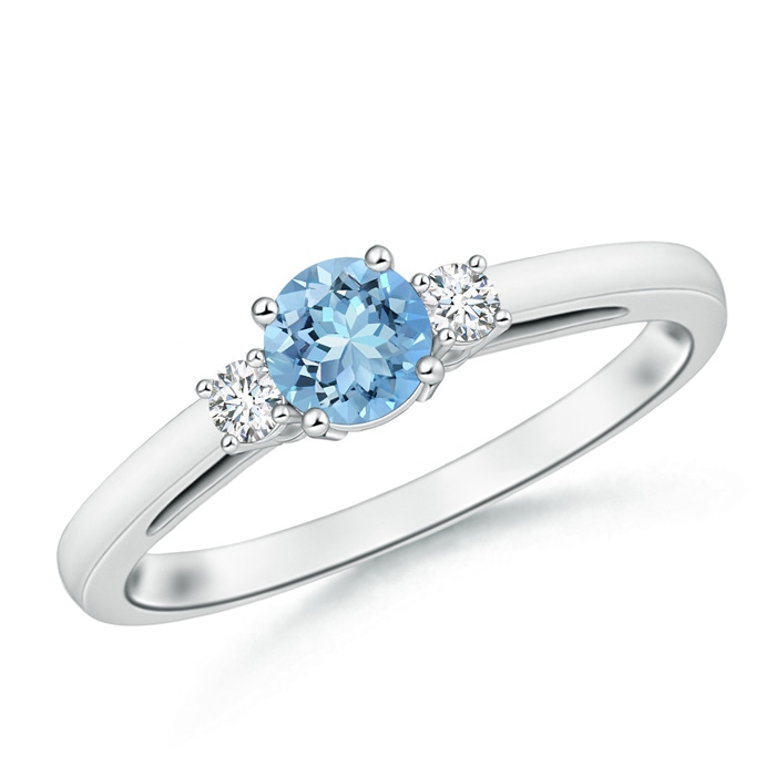5mm AAAA Round Aquamarine & Diamond Three Stone Engagement Ring in White Gold 