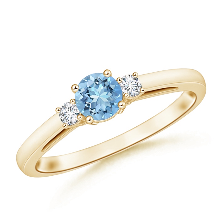 5mm AAAA Round Aquamarine & Diamond Three Stone Engagement Ring in Yellow Gold