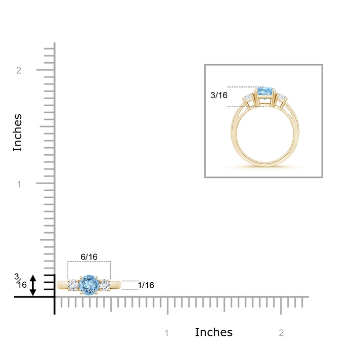 5mm AAAA Round Aquamarine & Diamond Three Stone Engagement Ring in Yellow Gold Ruler