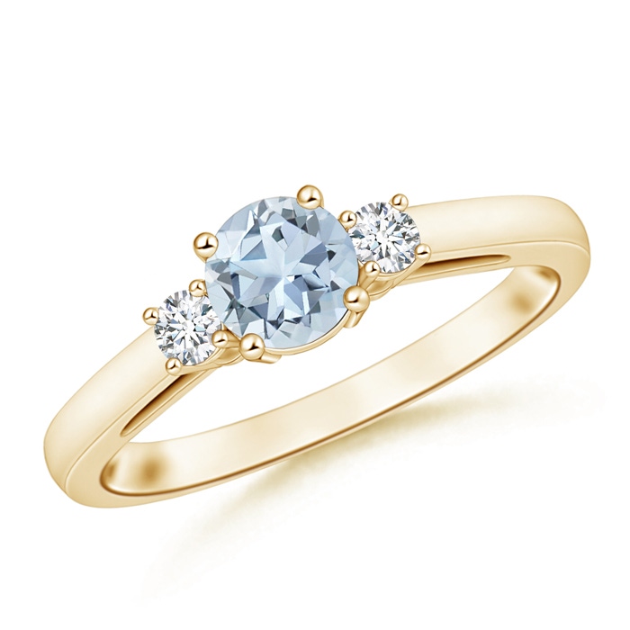 6mm A Round Aquamarine & Diamond Three Stone Engagement Ring in Yellow Gold 