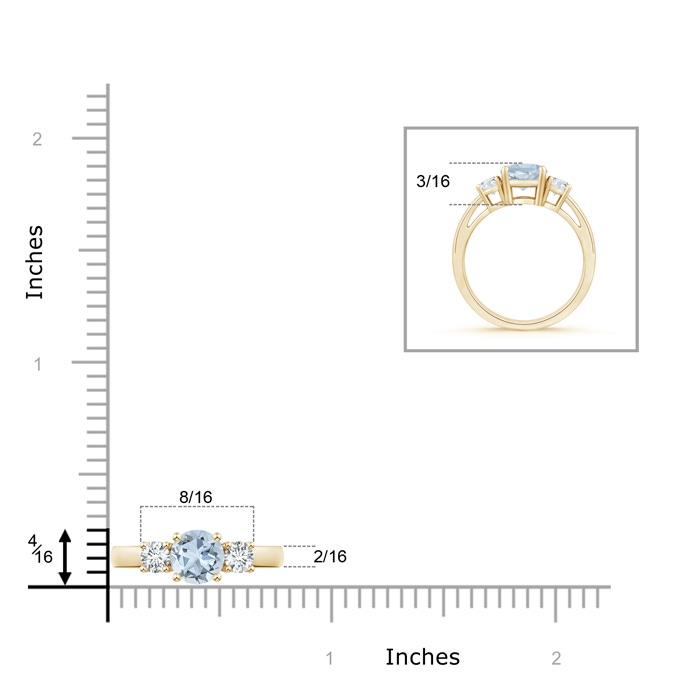 6mm A Round Aquamarine & Diamond Three Stone Engagement Ring in Yellow Gold ruler