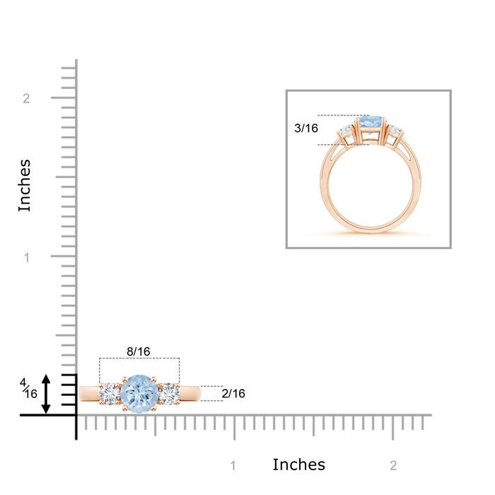 6mm AA Round Aquamarine & Diamond Three Stone Engagement Ring in Rose Gold ruler