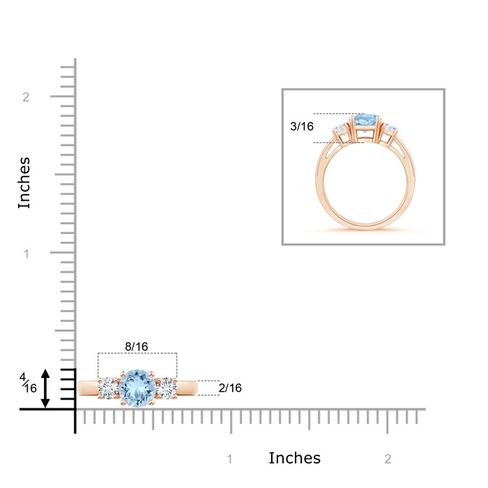 6mm AAA Round Aquamarine & Diamond Three Stone Engagement Ring in Rose Gold Ruler