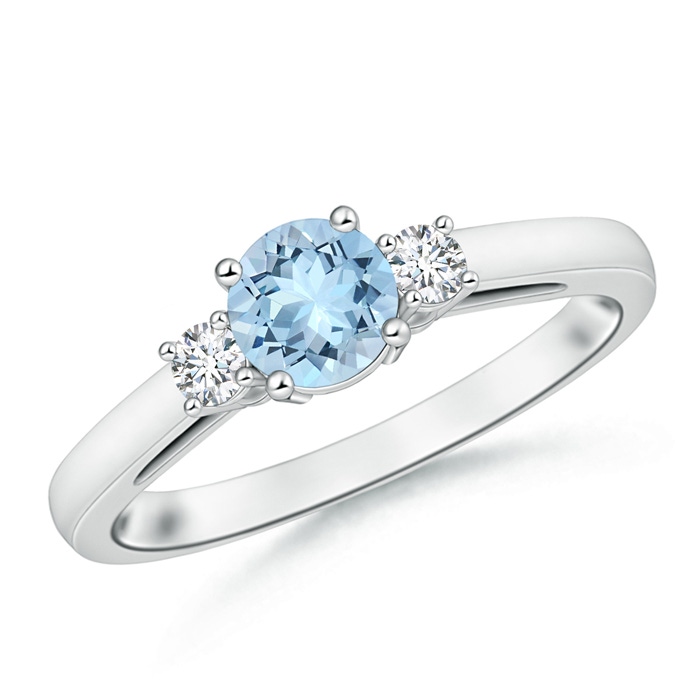 6mm AAA Round Aquamarine & Diamond Three Stone Engagement Ring in White Gold