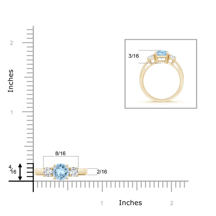 6mm AAA Round Aquamarine & Diamond Three Stone Engagement Ring in Yellow Gold ruler