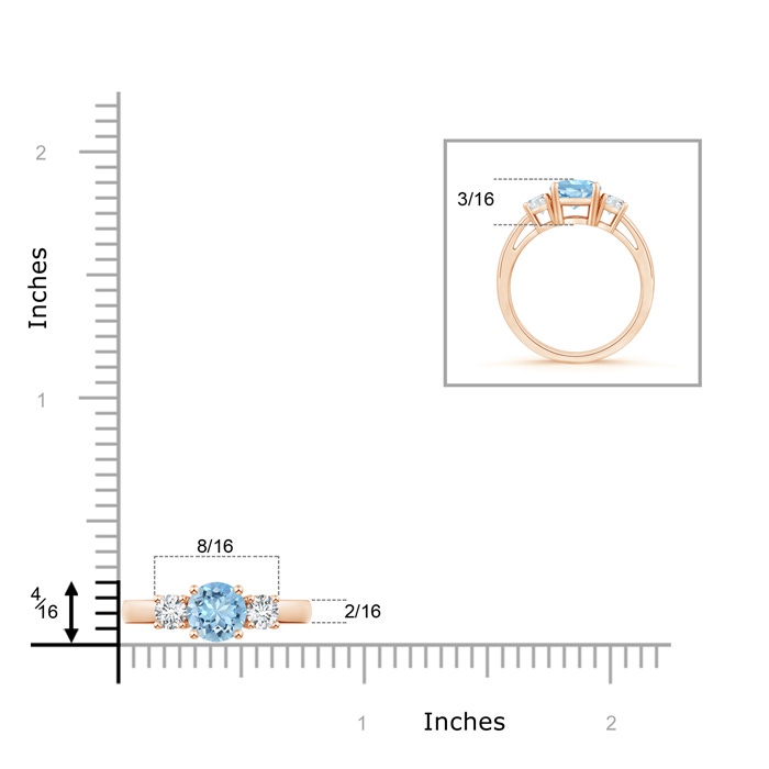 6mm AAAA Round Aquamarine & Diamond Three Stone Engagement Ring in Rose Gold ruler