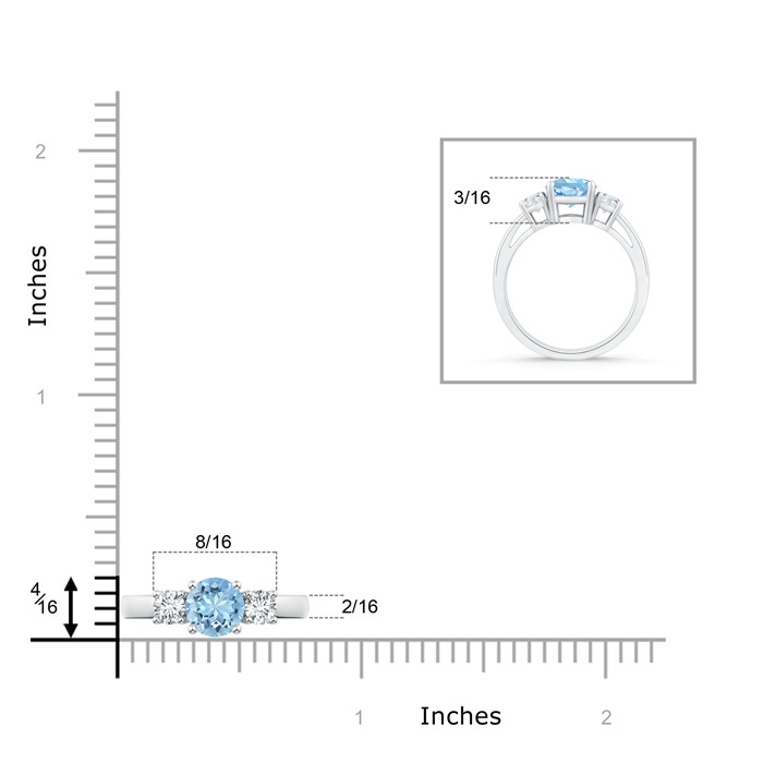 6mm AAAA Round Aquamarine & Diamond Three Stone Engagement Ring in White Gold ruler