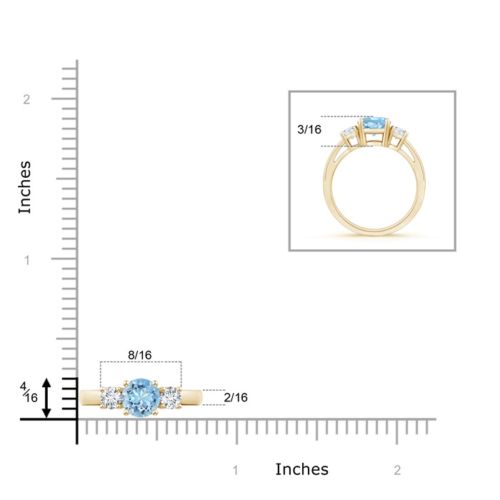 6mm AAAA Round Aquamarine & Diamond Three Stone Engagement Ring in Yellow Gold ruler