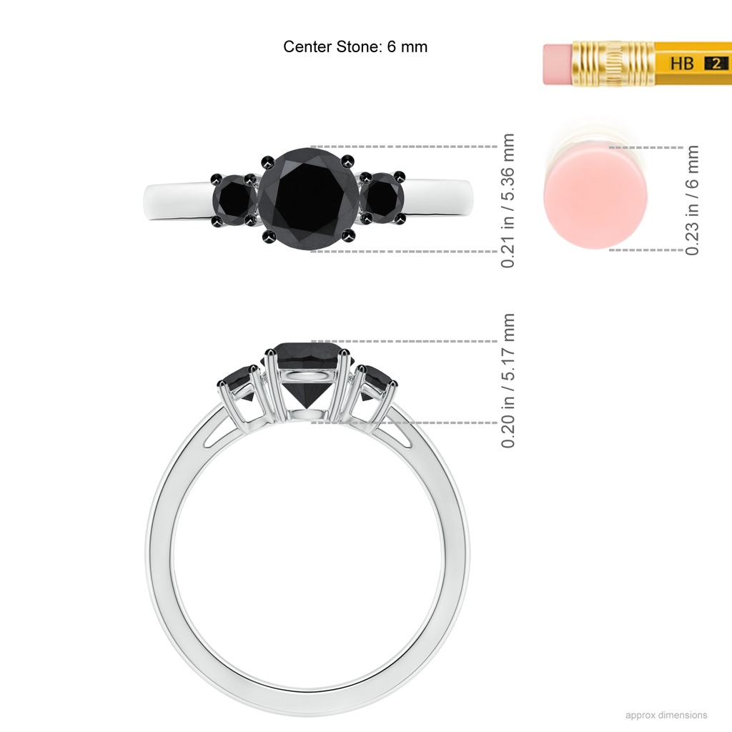 6mm AA Round Black Diamond Three Stone Engagement Ring in White Gold Ruler