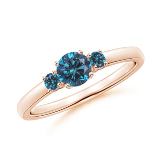 4.8mm AAA Round Blue Diamond Three Stone Engagement Ring in Rose Gold