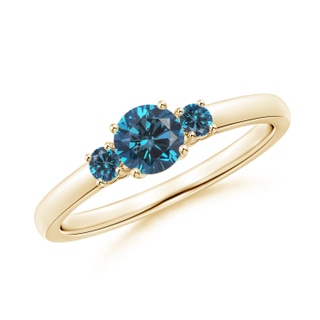 4.8mm AAA Round Blue Diamond Three Stone Engagement Ring in Yellow Gold