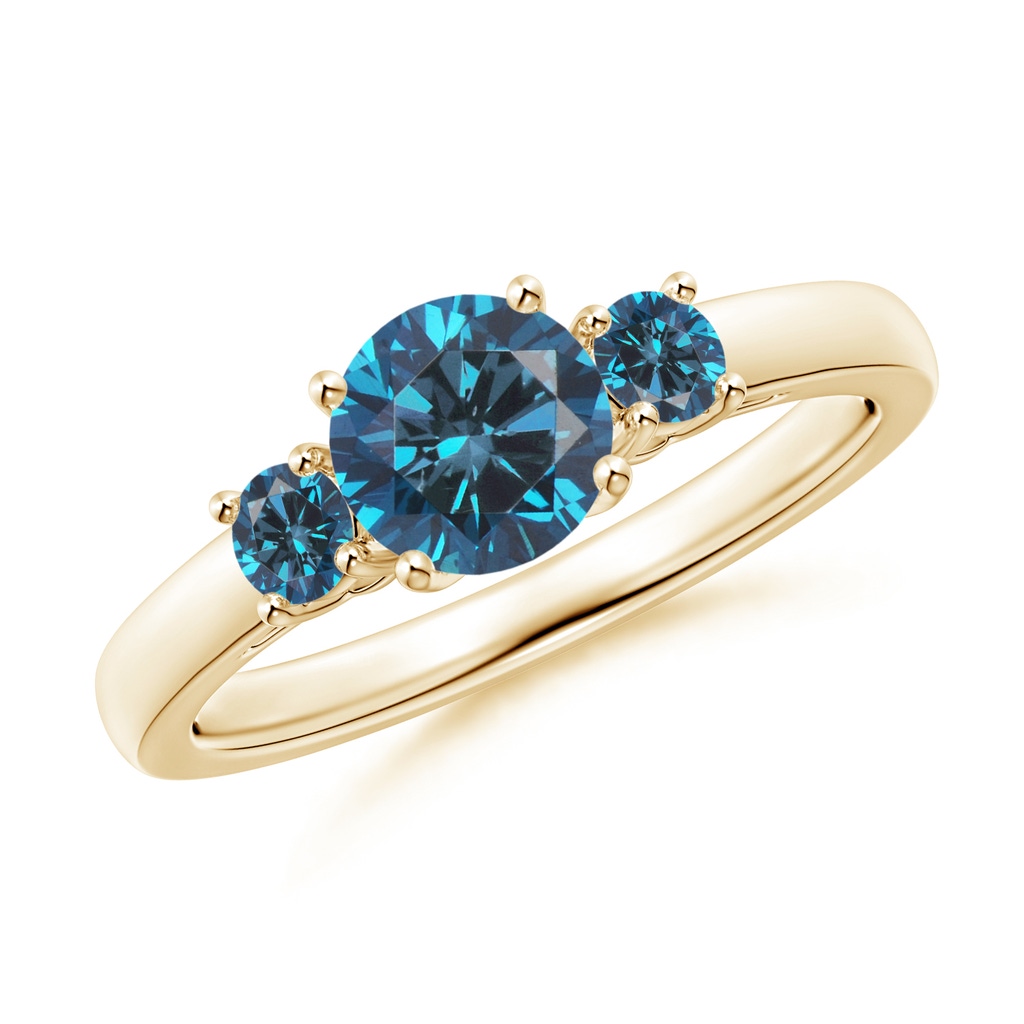 6mm AAA Round Blue Diamond Three Stone Engagement Ring in Yellow Gold