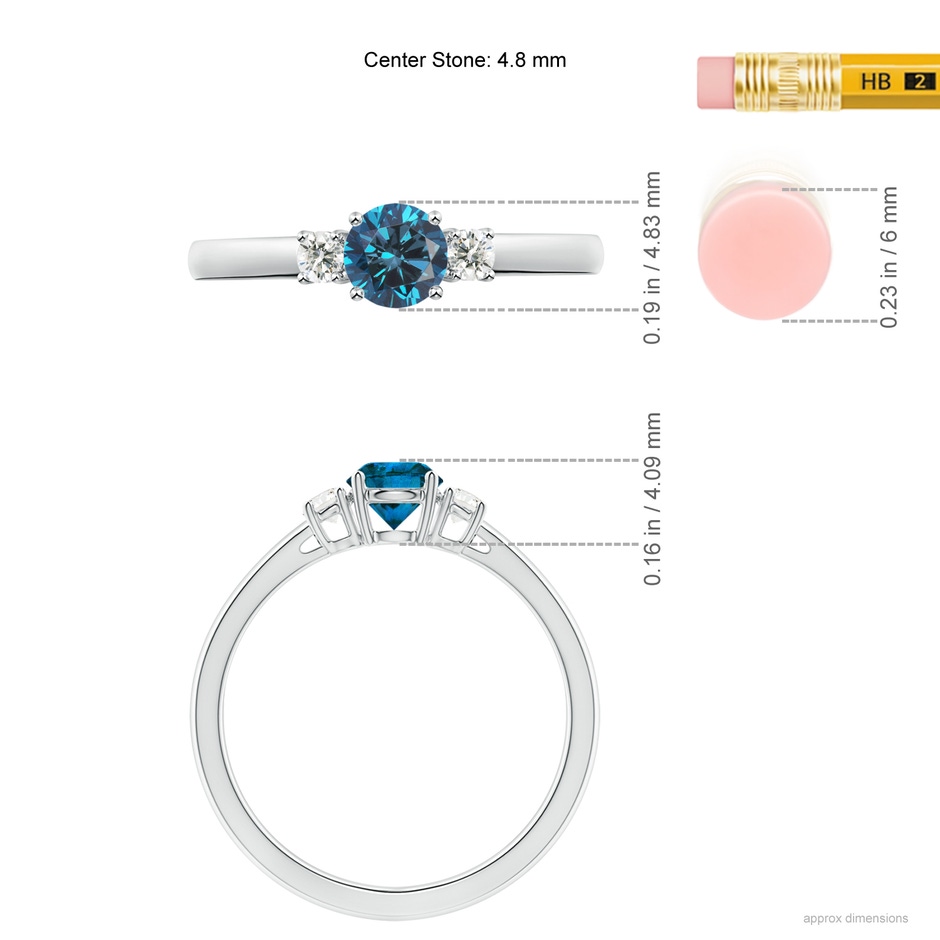 4.8mm AAA Round Blue & White Diamond Past Present Future Ring in White Gold ruler