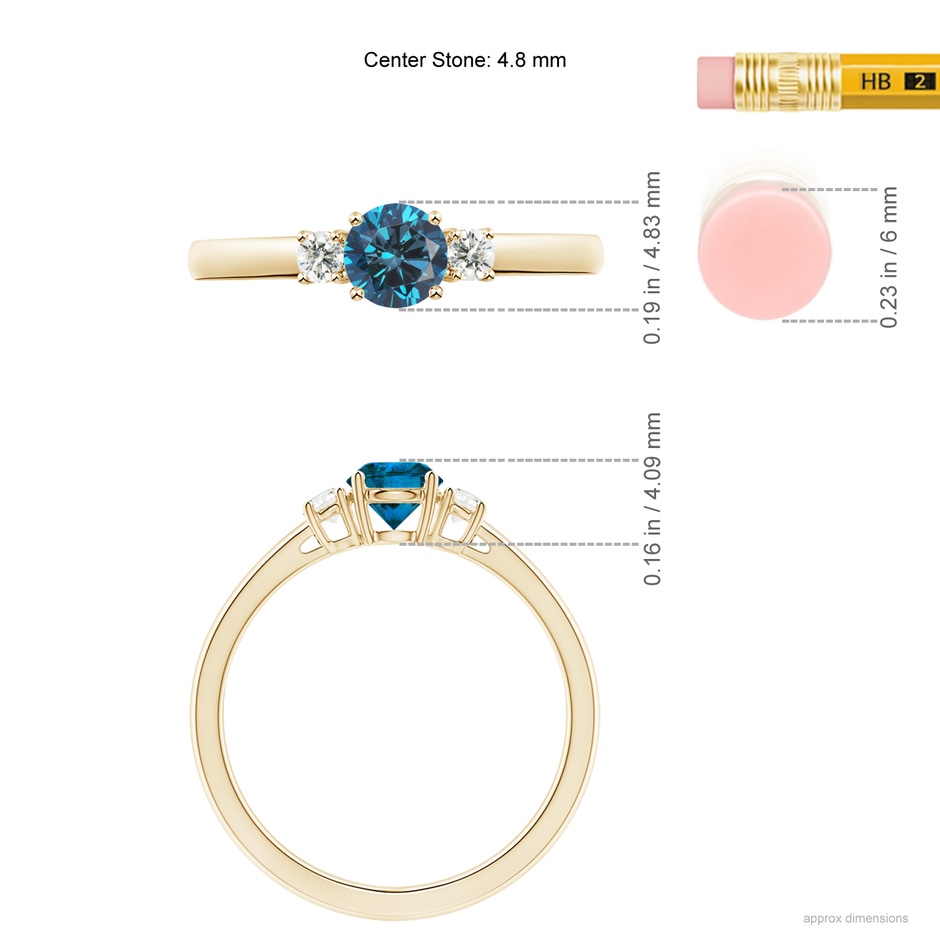 4.8mm AAA Round Blue & White Diamond Past Present Future Ring in Yellow Gold ruler