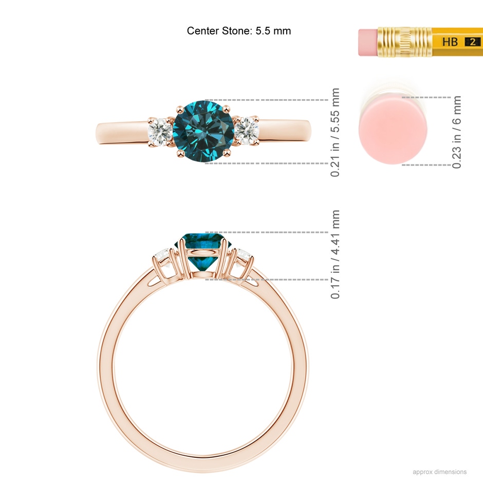 5.5mm AA Round Blue & White Diamond Past Present Future Ring in Rose Gold ruler