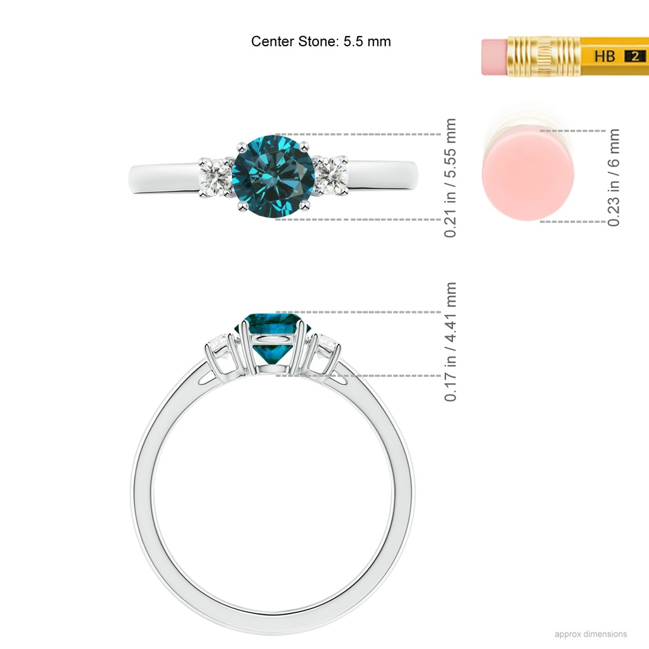 5.5mm AA Round Blue & White Diamond Past Present Future Ring in White Gold ruler