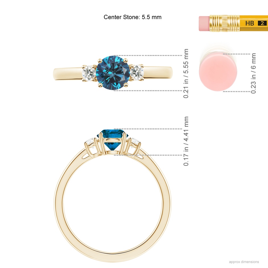 5.5mm AAA Round Blue & White Diamond Past Present Future Ring in Yellow Gold ruler