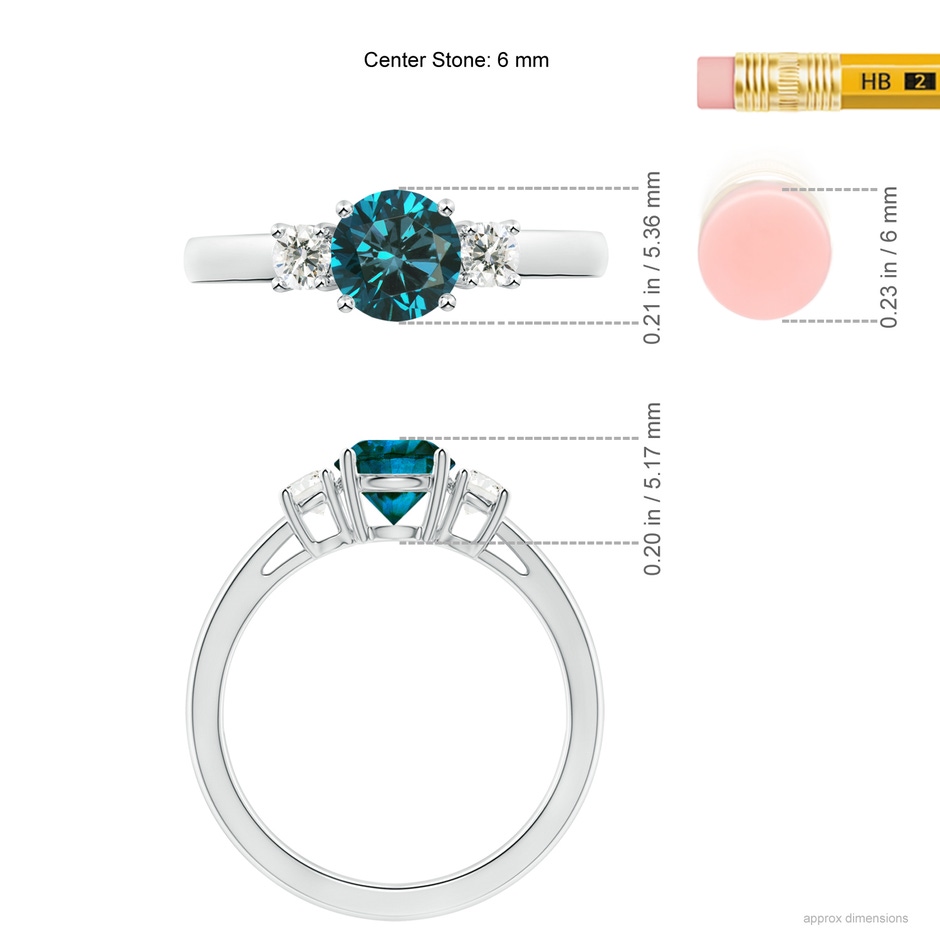 6mm AA Round Blue & White Diamond Past Present Future Ring in White Gold ruler