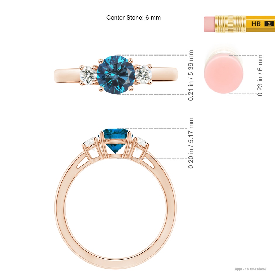 6mm AAA Round Blue & White Diamond Past Present Future Ring in Rose Gold ruler