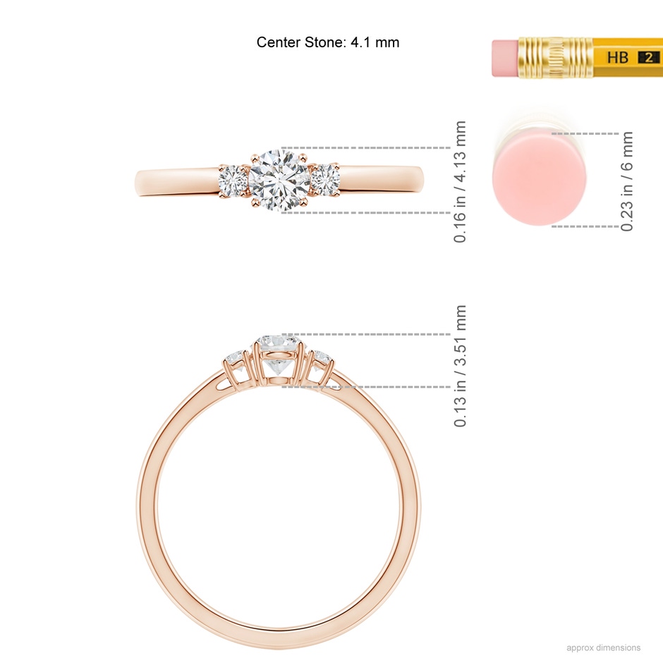 4.1mm HSI2 Round Diamond Three Stone Engagement Ring in 9K Rose Gold ruler