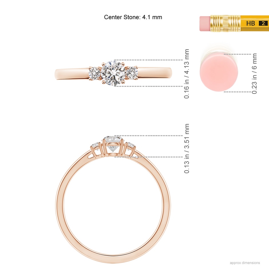 4.1mm IJI1I2 Round Diamond Three Stone Engagement Ring in Rose Gold ruler