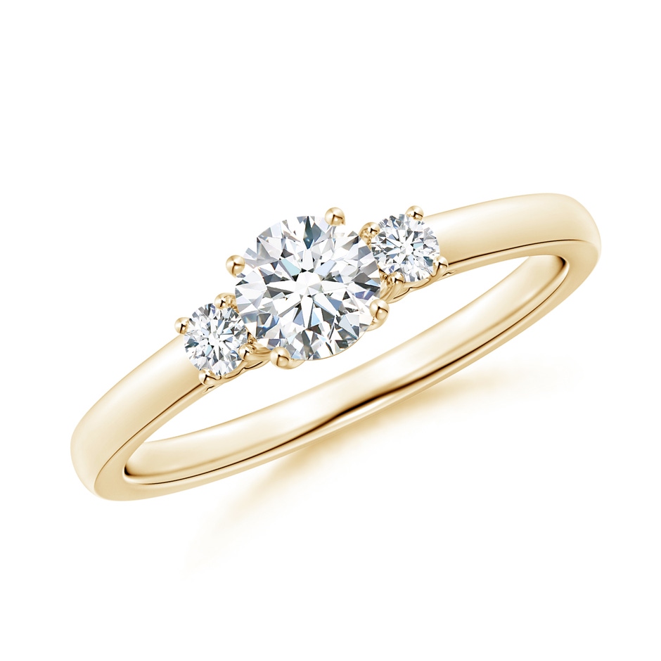 4.8mm GVS2 Round Diamond Three Stone Engagement Ring in Yellow Gold 