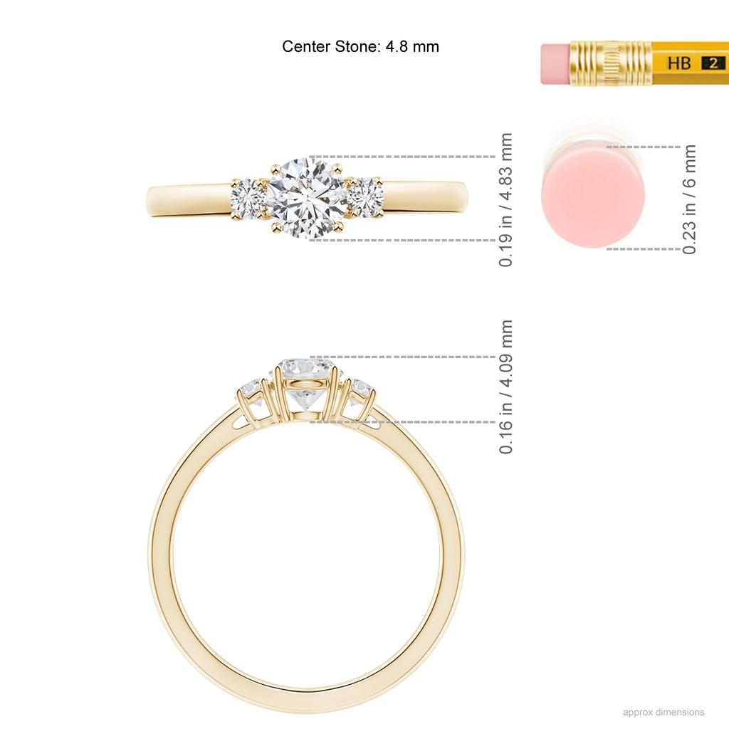 4.8mm HSI2 Round Diamond Three Stone Engagement Ring in Yellow Gold ruler