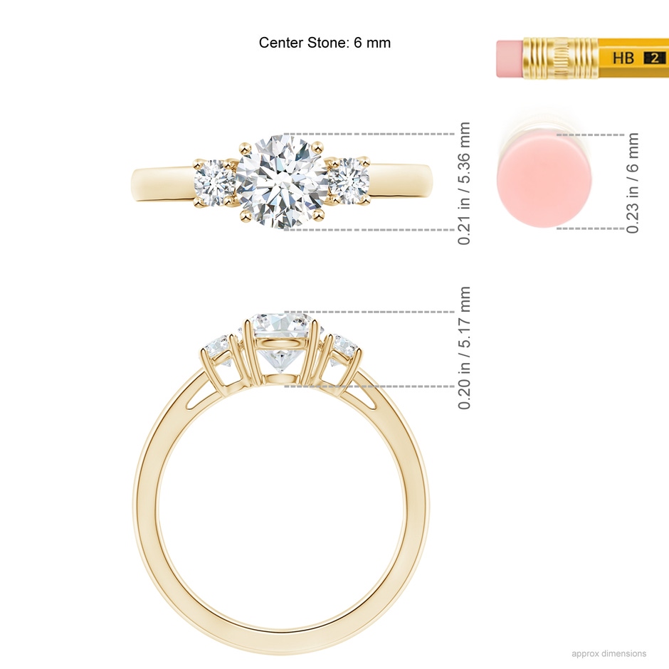 6mm GVS2 Round Diamond Three Stone Engagement Ring in Yellow Gold ruler