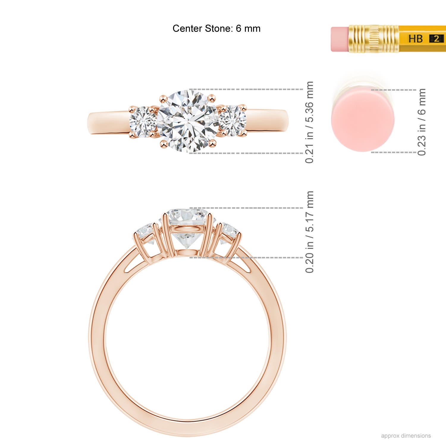6mm HSI2 Round Diamond Three Stone Engagement Ring in Rose Gold - ruler