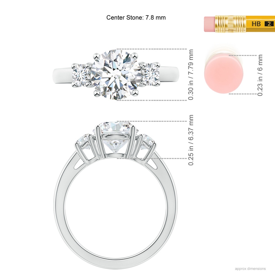 7.8mm GVS2 Round Diamond Three Stone Engagement Ring in P950 Platinum ruler