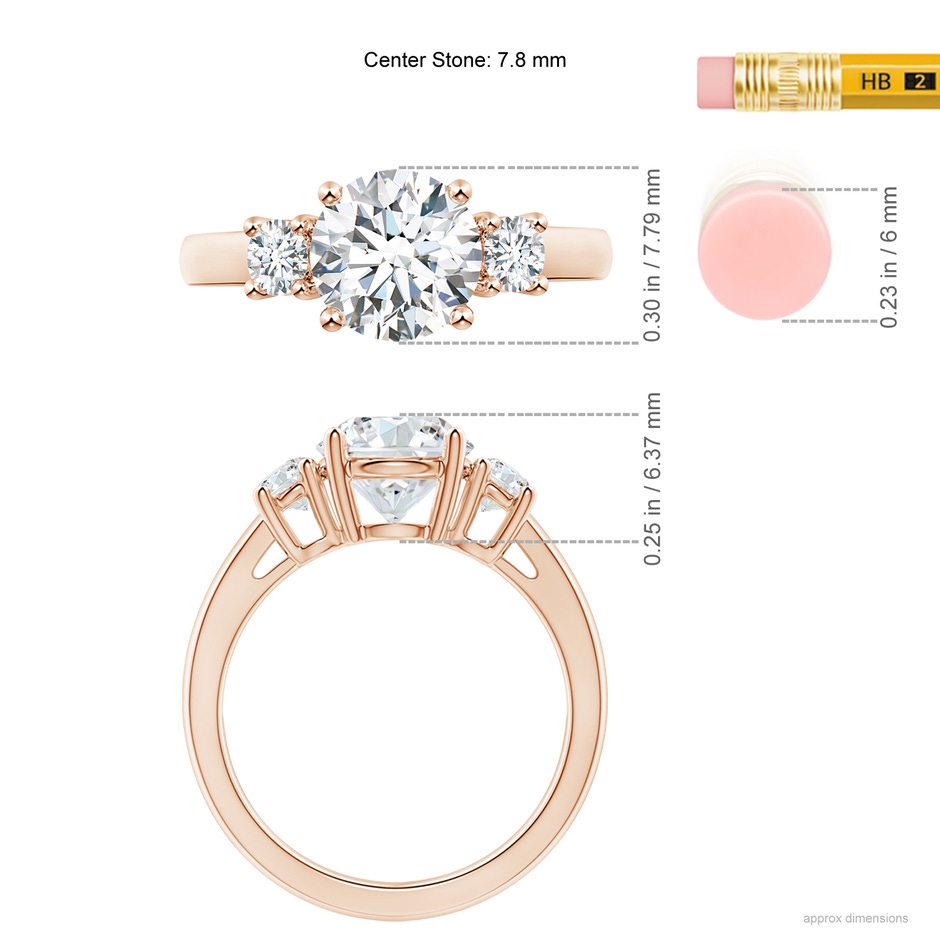 7.8mm GVS2 Round Diamond Three Stone Engagement Ring in Rose Gold ruler