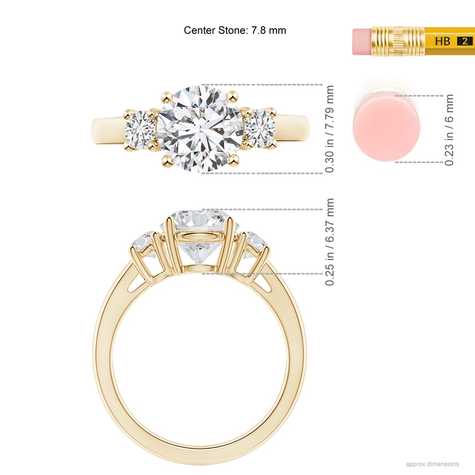 7.8mm HSI2 Round Diamond Three Stone Engagement Ring in 9K Yellow Gold ruler