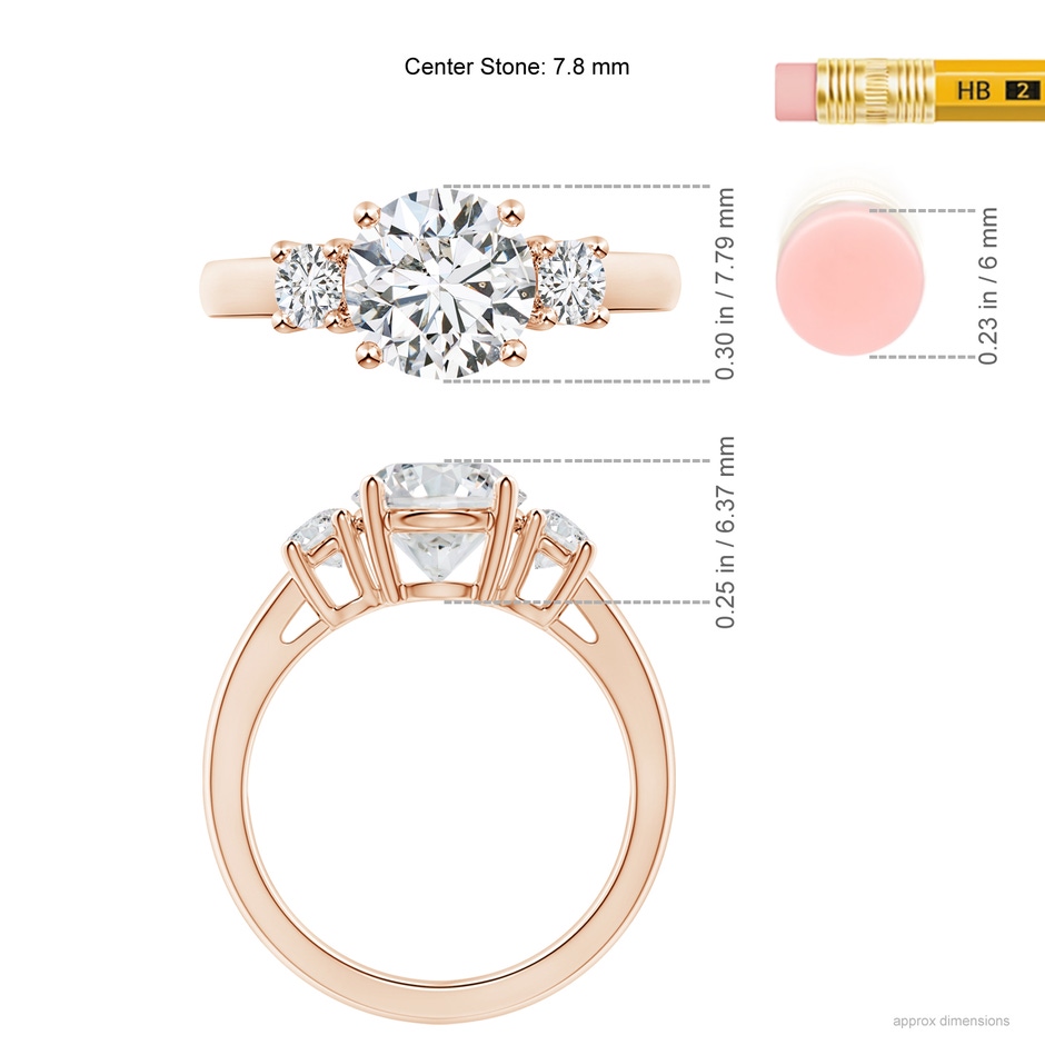 7.8mm HSI2 Round Diamond Three Stone Engagement Ring in Rose Gold ruler