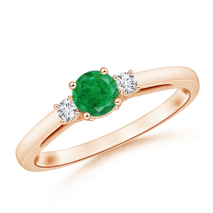 5mm AA Round Emerald & Diamond Three Stone Engagement Ring in Rose Gold 