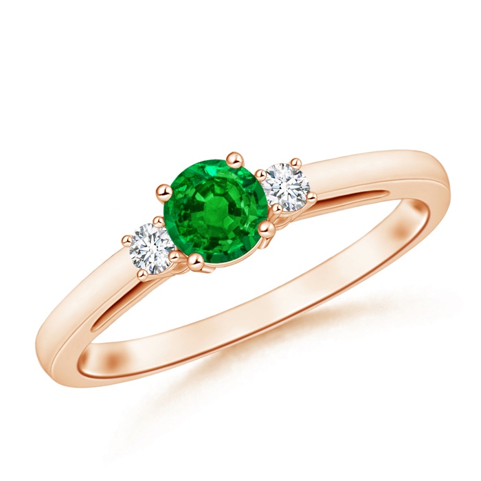 5mm AAAA Round Emerald & Diamond Three Stone Engagement Ring in Rose Gold 