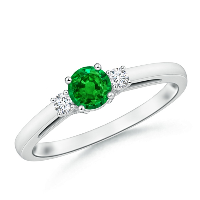5mm AAAA Round Emerald & Diamond Three Stone Engagement Ring in White Gold