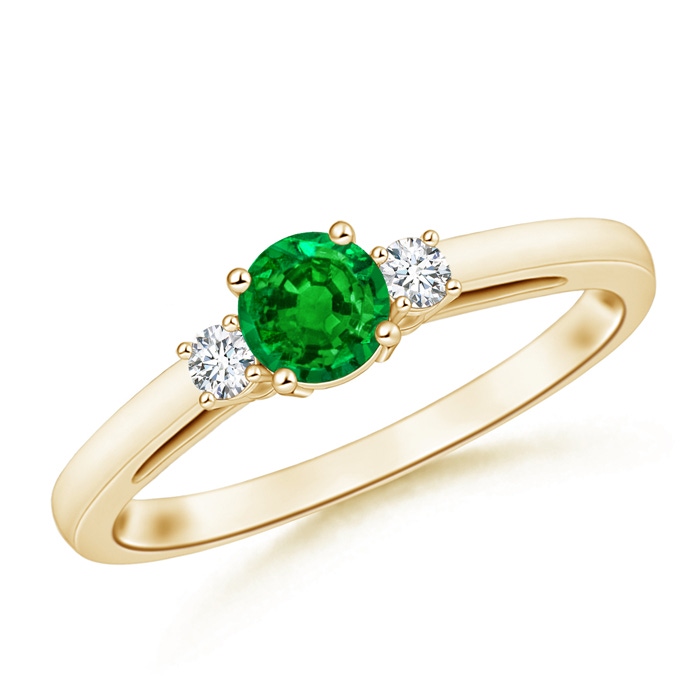 5mm AAAA Round Emerald & Diamond Three Stone Engagement Ring in Yellow Gold