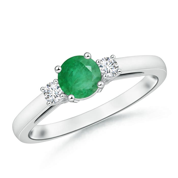6mm A Round Emerald & Diamond Three Stone Engagement Ring in P950 Platinum