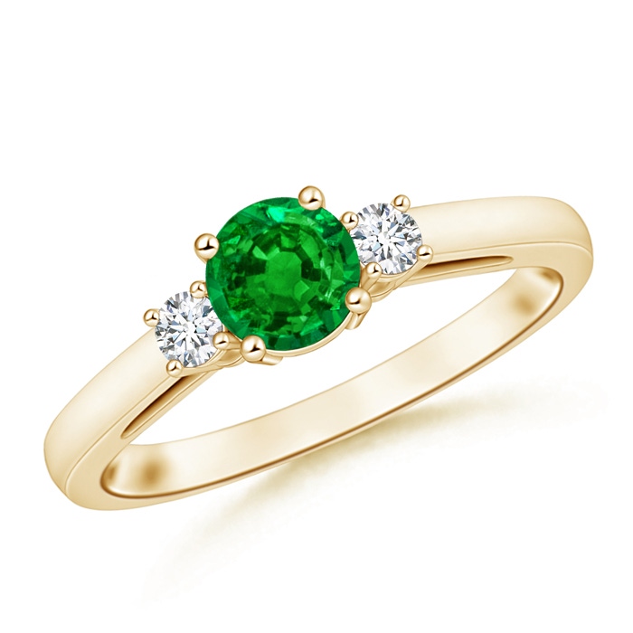 6mm AAAA Round Emerald & Diamond Three Stone Engagement Ring in Yellow Gold 