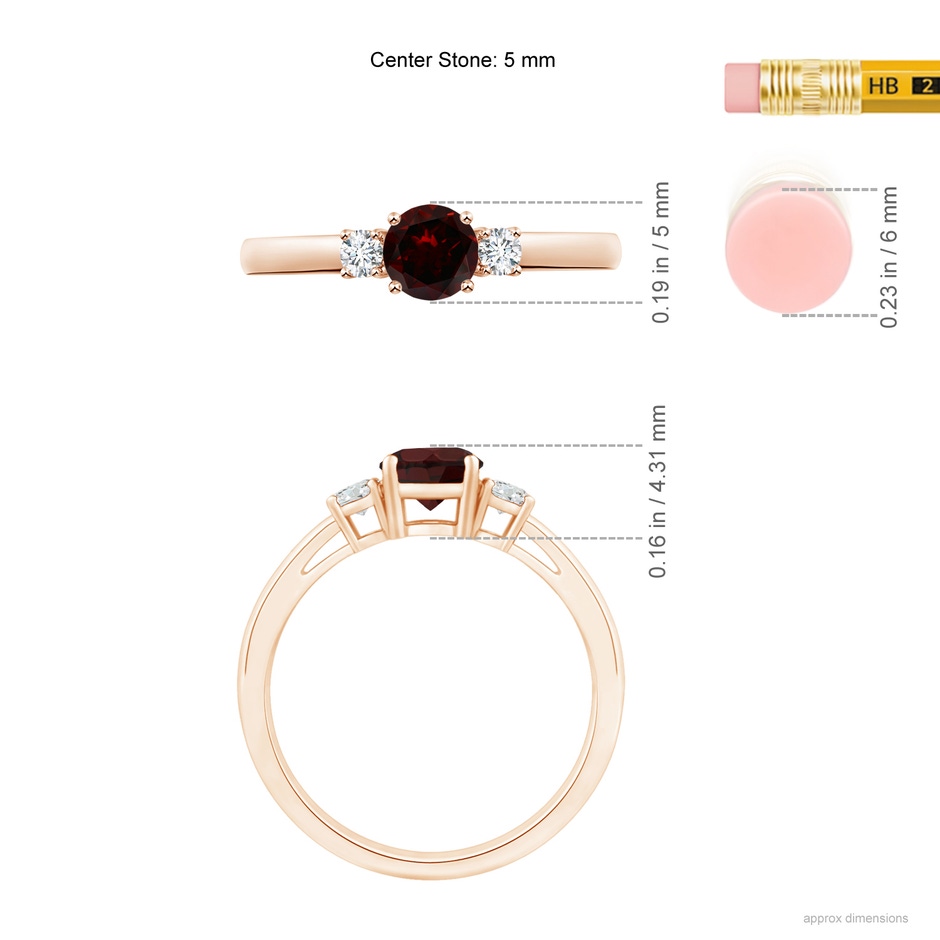 5mm A Prong-Set Round Garnet and Diamond Three Stone Engagement Ring in 9K Rose Gold ruler