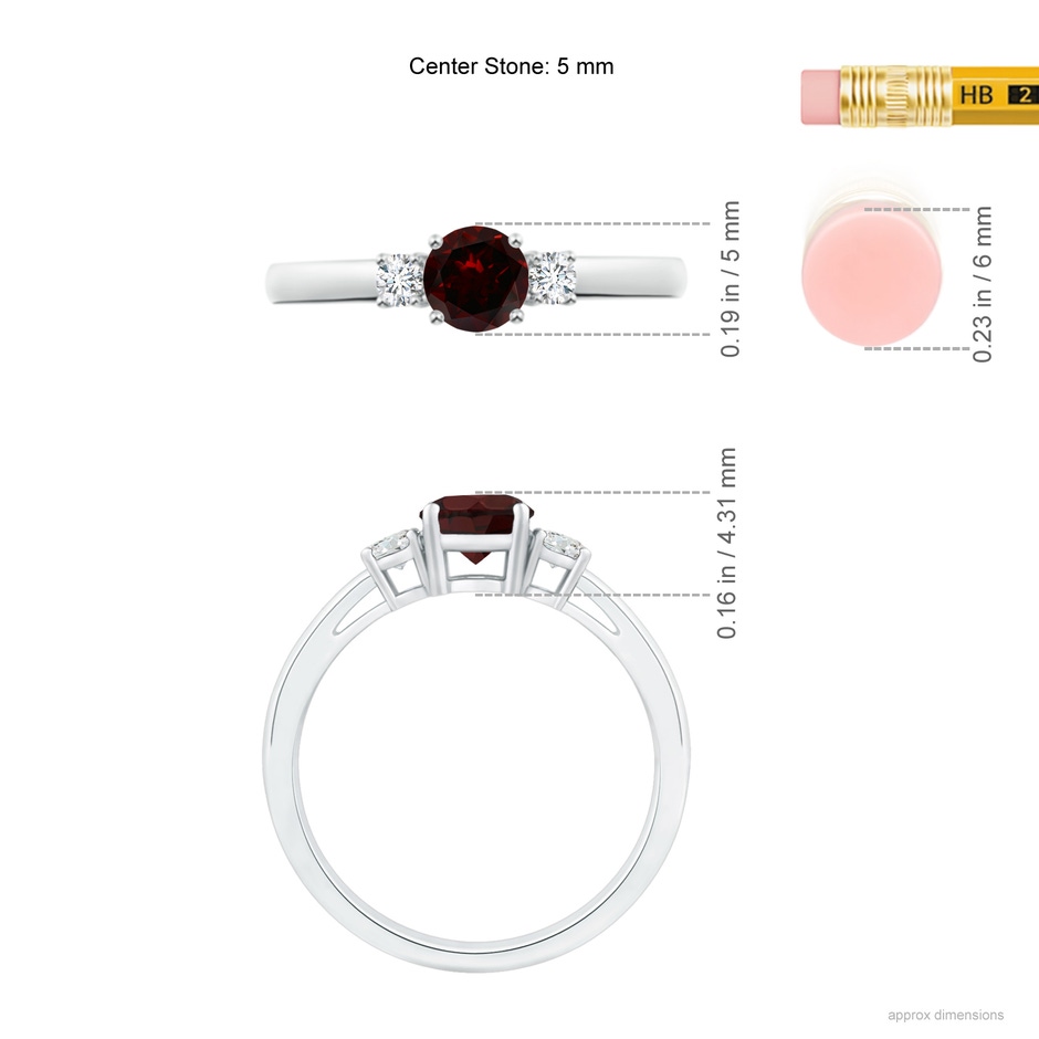 5mm A Prong-Set Round Garnet and Diamond Three Stone Engagement Ring in White Gold ruler