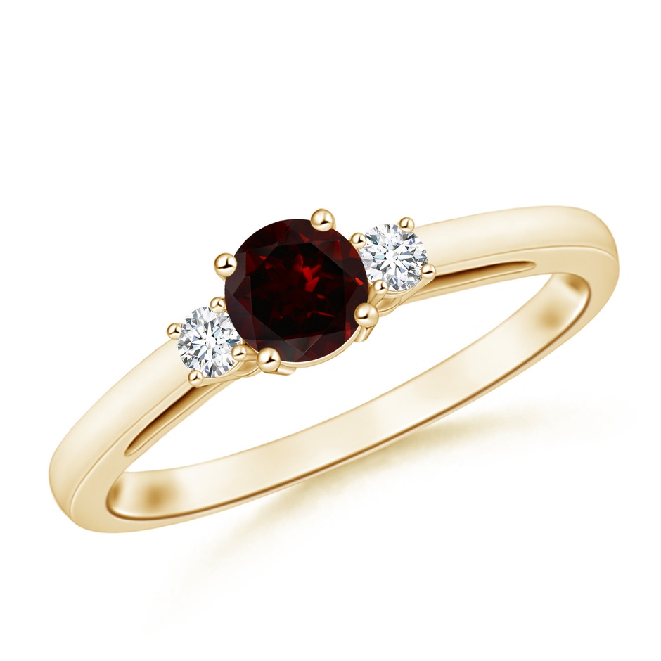 5mm A Prong-Set Round Garnet and Diamond Three Stone Engagement Ring in Yellow Gold 