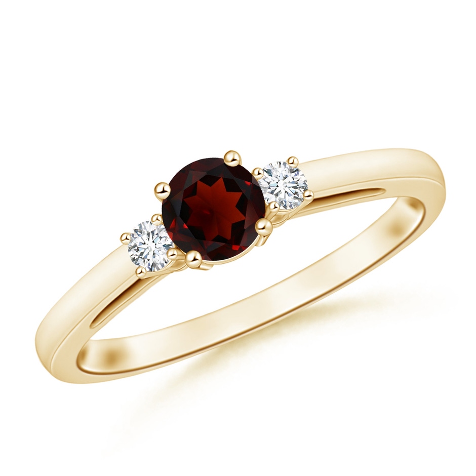 5mm AA Prong-Set Round Garnet and Diamond Three Stone Engagement Ring in Yellow Gold 