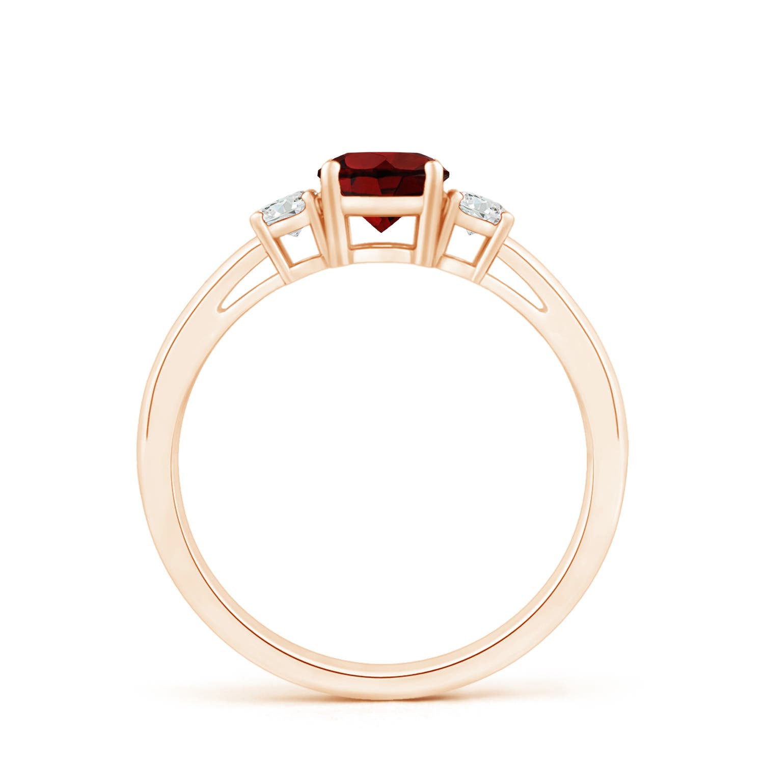 5mm AAA Prong-Set Round Garnet and Diamond Three Stone Engagement Ring in Rose Gold - side 2