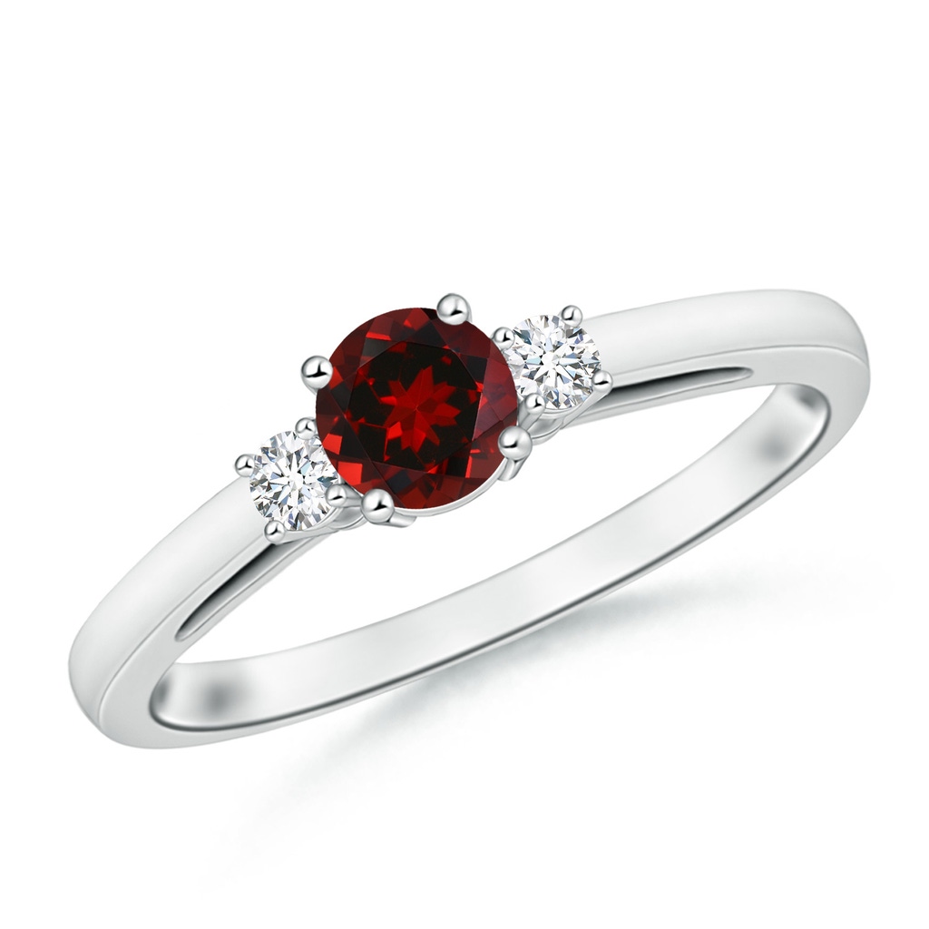 5mm AAAA Prong-Set Round Garnet and Diamond Three Stone Engagement Ring in 18K White Gold