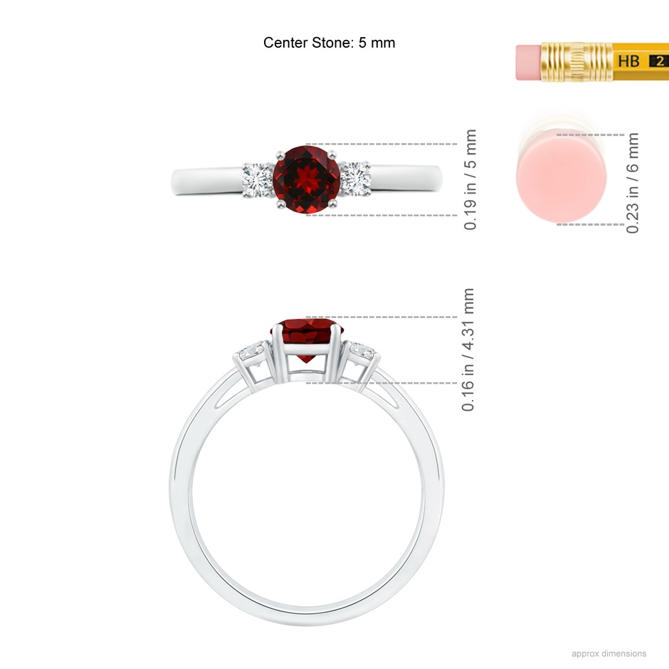 5mm AAAA Prong-Set Round Garnet and Diamond Three Stone Engagement Ring in 18K White Gold ruler