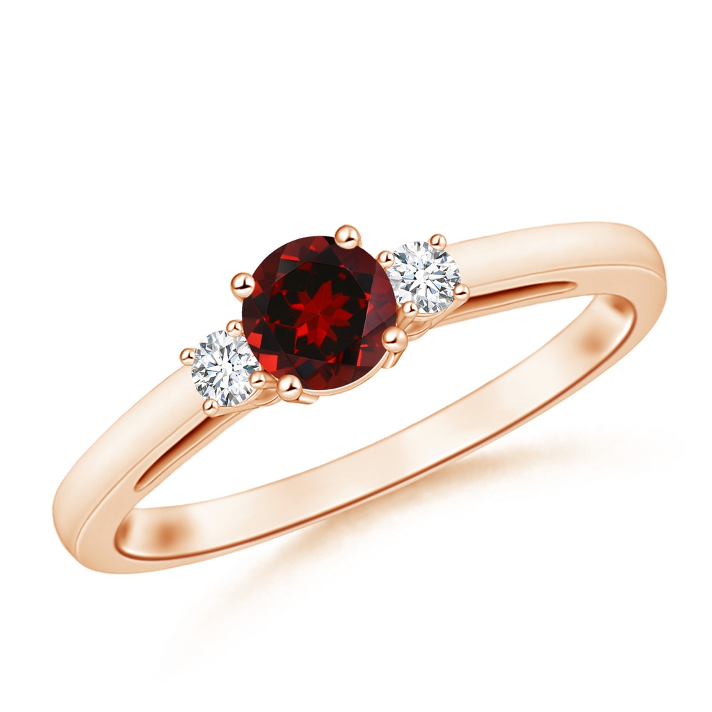 5mm AAAA Round Garnet & Diamond Three Stone Engagement Ring in Rose Gold
