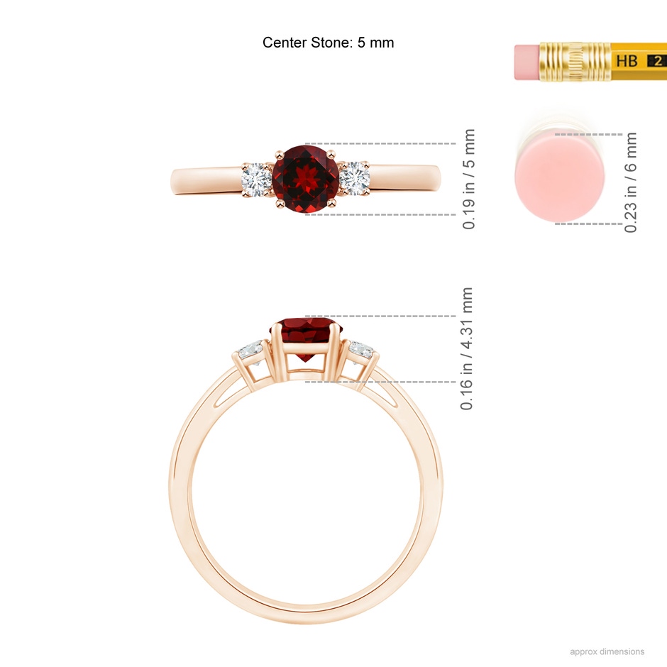 5mm AAAA Prong-Set Round Garnet and Diamond Three Stone Engagement Ring in Rose Gold ruler