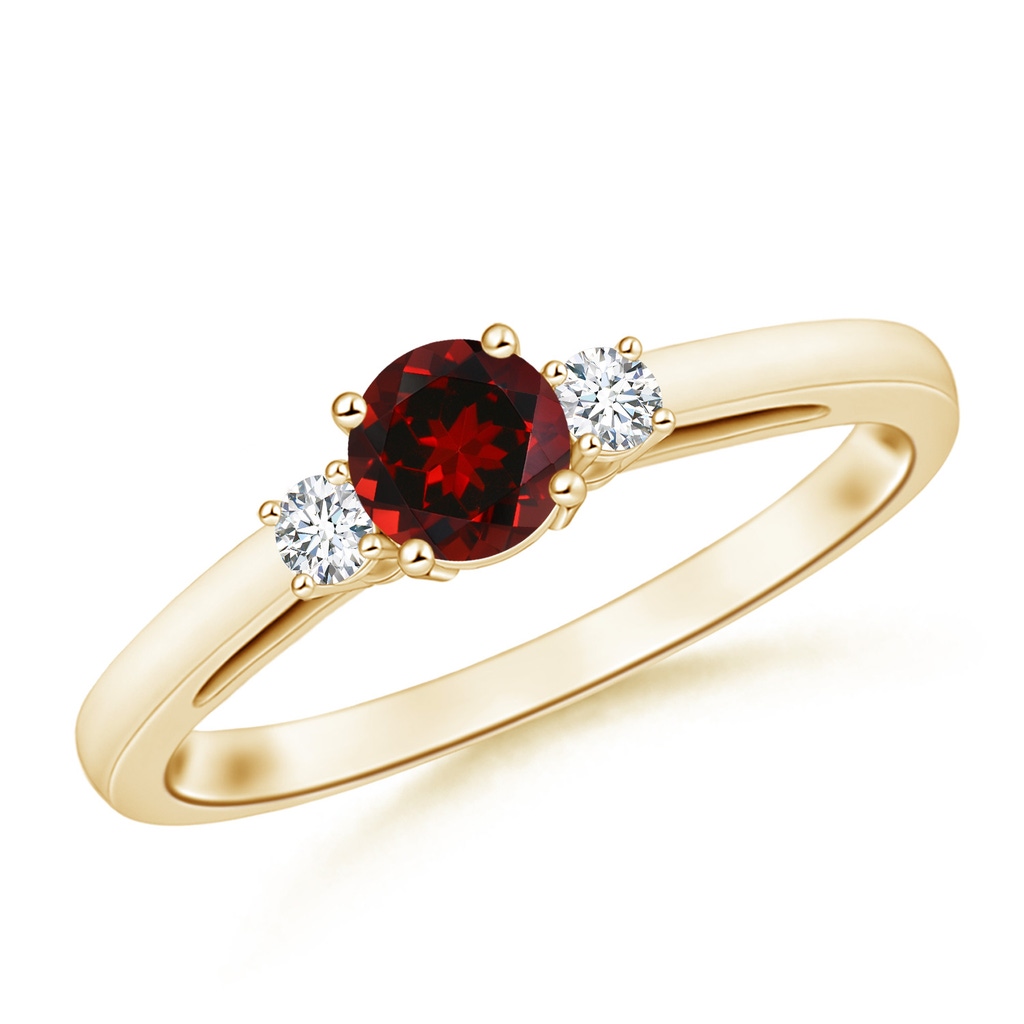 5mm AAAA Round Garnet & Diamond Three Stone Engagement Ring in Yellow Gold